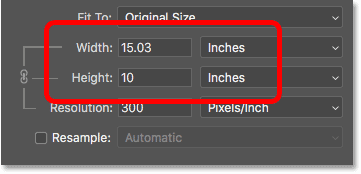 The Width and Height of the image is now showing in inches instead of pixels after turning Resample off