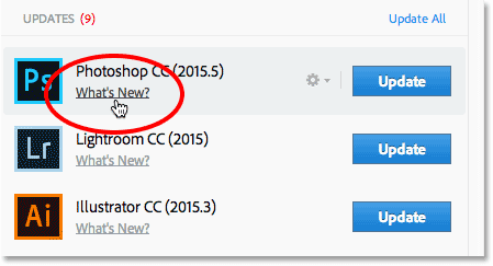 Clicking the What's New? link for Photoshop CC